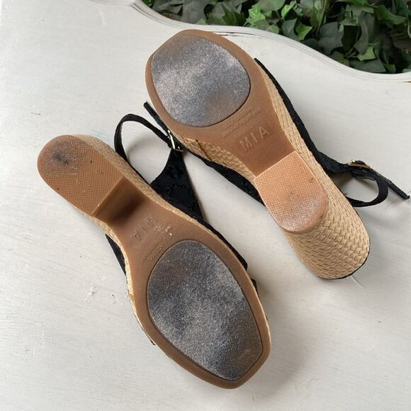 Mia Black Embroiled Floral Peep Toe Platform Raffia Espadrille Sandals Size 7M - Picture 13 of 15